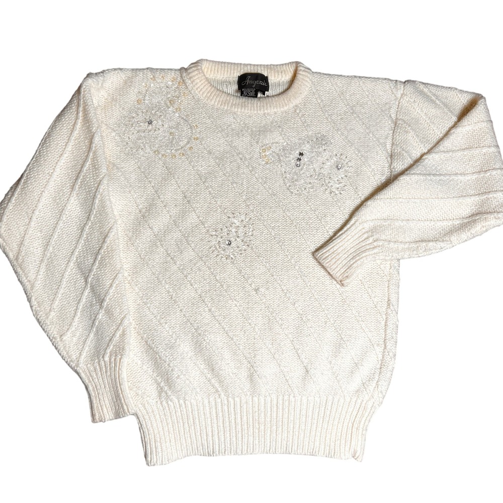 VTG Angenie‎ Cream Beaded Embellished Knit Sweater Women's Size S Chunky Knit